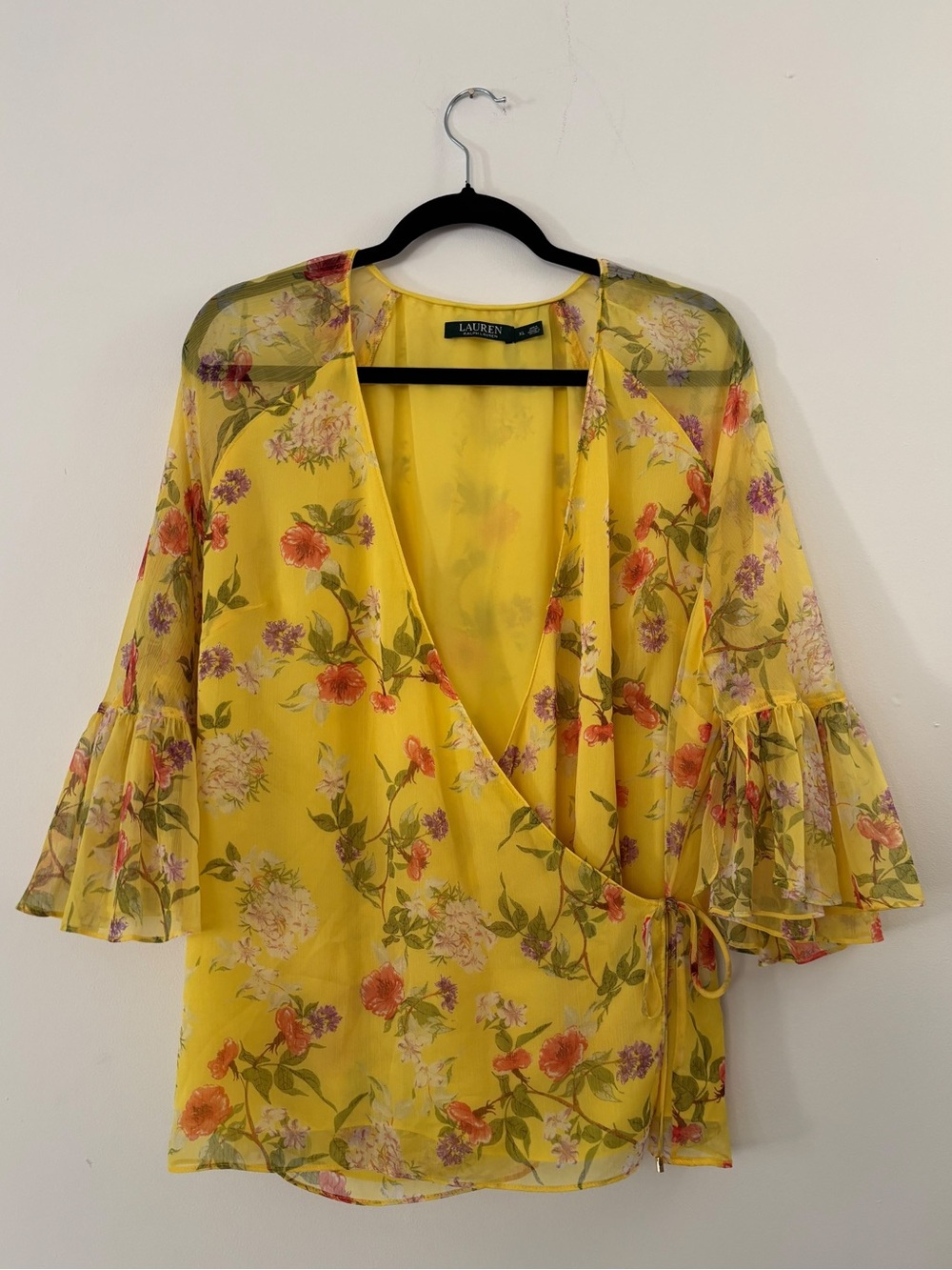 Lauren Ralph Lauren Womens XL Yellow Floral Bell Sleeve Faux Wrap Blouse Top